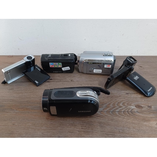 655 - Five digital camcorders to include JVC Everio HDD, Samsung, Alba HD etc.