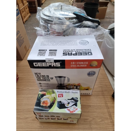 810 - Four boxed items, one Geepas GSB44017 3-in-1 stainless steel blender, one Prema heavy duty aluminium... 