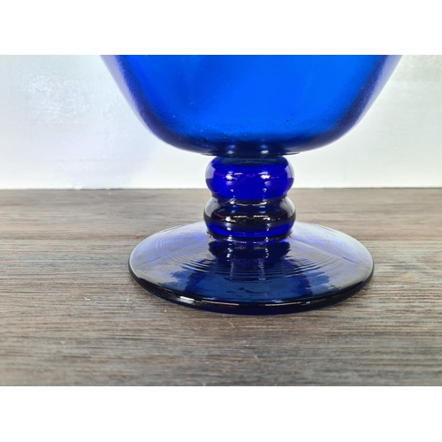 260 - A contemporary cobalt blue glass pedestal bowl - approx. 20cm high x 41cm diameter