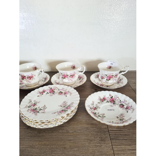 269 - Six Royal Albert Lavender Rose bone china trios and one spare saucer