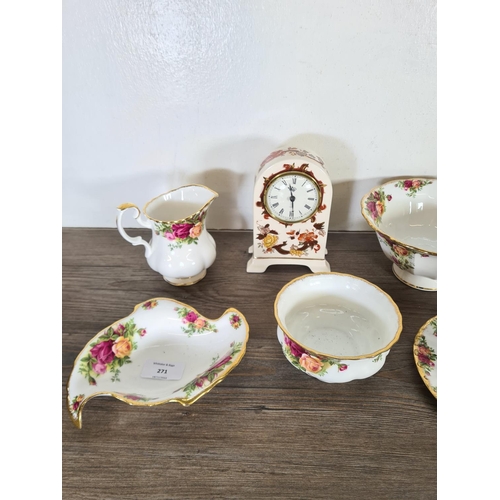 271 - Eleven items, ten pieces of Royal Albert Old Country Roses china and one Mason's Brown Velvet quartz... 