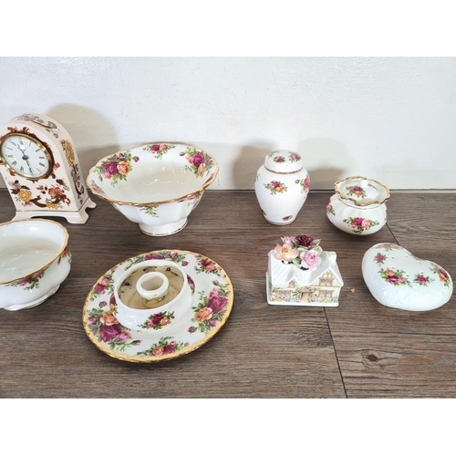 271 - Eleven items, ten pieces of Royal Albert Old Country Roses china and one Mason's Brown Velvet quartz... 