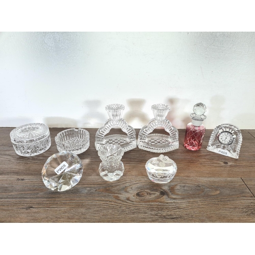 275 - Nine pieces of glassware to include Waterford Crystal quartz mantel clock, circular trinket box, cra... 