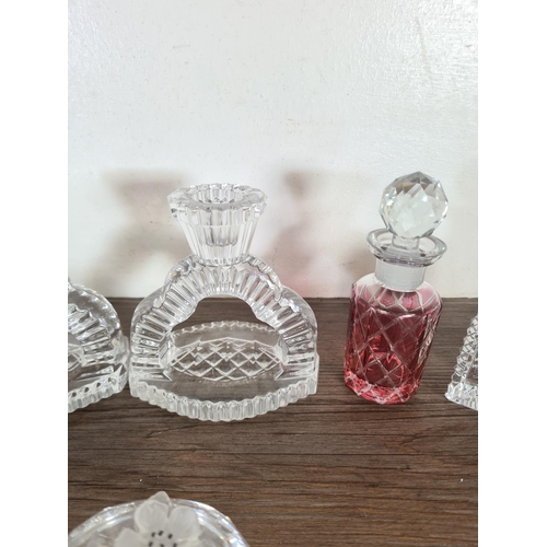 275 - Nine pieces of glassware to include Waterford Crystal quartz mantel clock, circular trinket box, cra... 