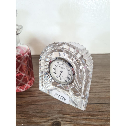 275 - Nine pieces of glassware to include Waterford Crystal quartz mantel clock, circular trinket box, cra... 