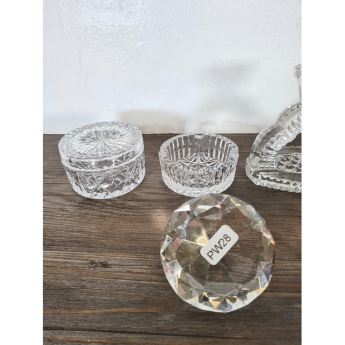 275 - Nine pieces of glassware to include Waterford Crystal quartz mantel clock, circular trinket box, cra... 