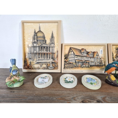 289 - Ten items to include three Osborne Ivorex wall plaques, Animal Kingdom fine porcelain bird figurine,... 