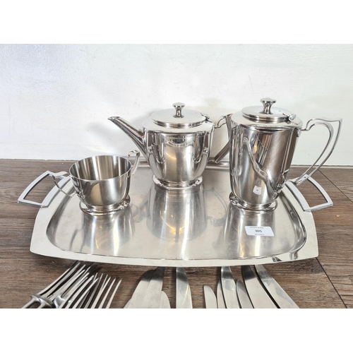 305 - A collection of mid 20th century stainless steel kitchenware to include Old Hall three piece tea set... 