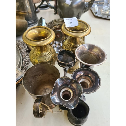 310 - A collection of metalware to include a pair of brass vases, J. Allan & Co. Sheffield pewter teapot, ... 