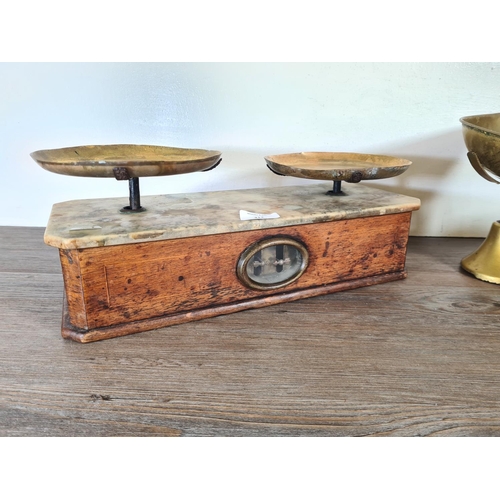 312 - Two sets of scales, one 19th century inlaid oak and marble - approx. 15cm high x 40cm wide x 17cm de... 