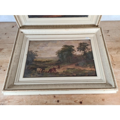 173 - Two 19th century framed oils on canvas of cattle, one signed W. Heap - both approx. 67cm wide x 50cm... 