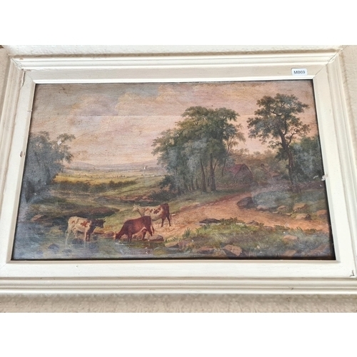 173 - Two 19th century framed oils on canvas of cattle, one signed W. Heap - both approx. 67cm wide x 50cm... 