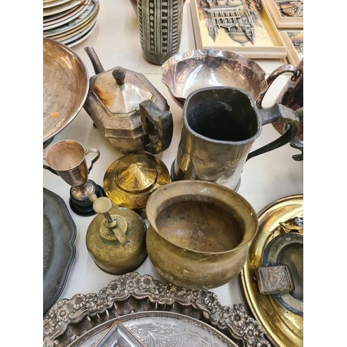 310 - A collection of metalware to include a pair of brass vases, J. Allan & Co. Sheffield pewter teapot, ... 