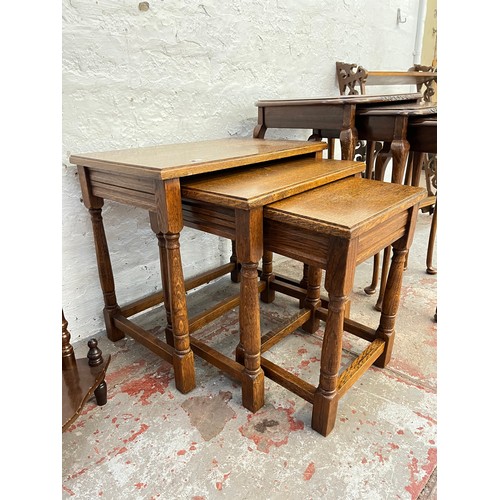 68 - Five pieces of furniture, one oak nest of tables, one Queen Anne style walnut nest of tables, one Vi... 