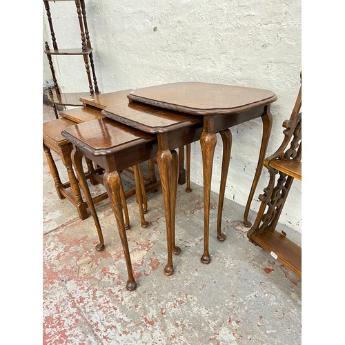 68 - Five pieces of furniture, one oak nest of tables, one Queen Anne style walnut nest of tables, one Vi... 