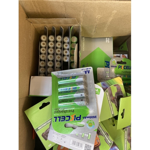 849 - Two boxes containing a large quantity of rechargeable batteries, boxed USB chargers and approx. twen... 