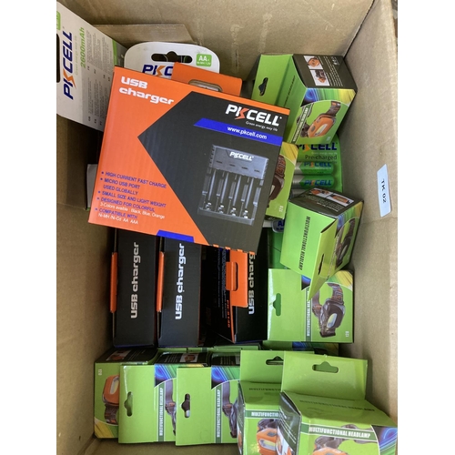 849 - Two boxes containing a large quantity of rechargeable batteries, boxed USB chargers and approx. twen... 