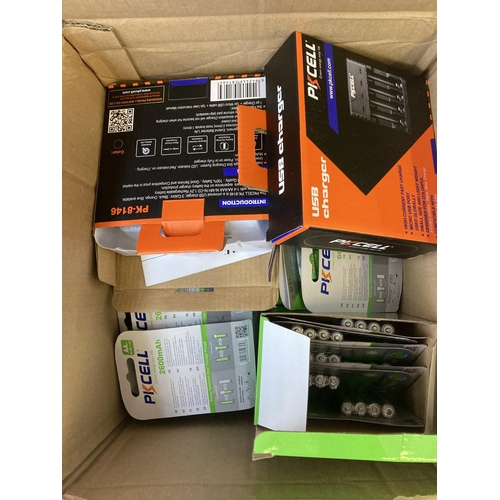 849 - Two boxes containing a large quantity of rechargeable batteries, boxed USB chargers and approx. twen... 