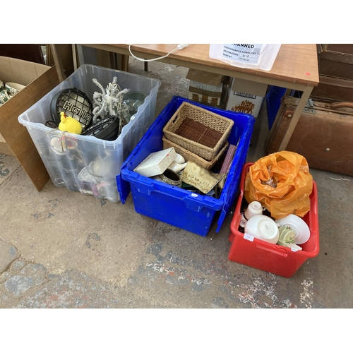 864 - Three boxes containing cutlery, Royal Doulton and Carlton Ware ceramics, Hella spotlights, clock, co... 