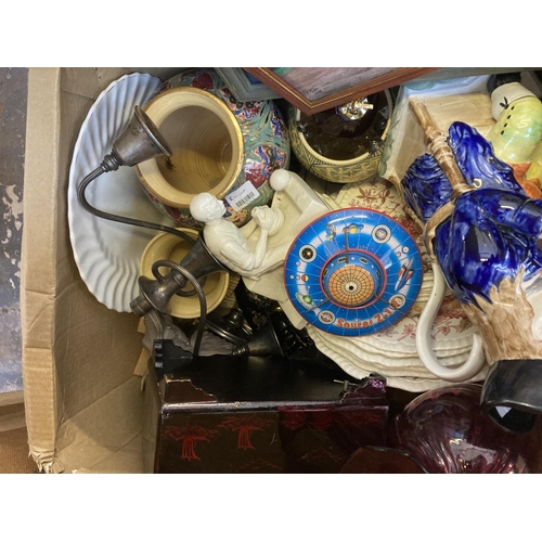 866 - Three boxes containing wicker baskets, ceramics, glassware, jewellery box, framed pictures, toys, sh... 