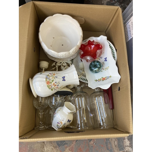 867 - One box containing Aynsley ceramics, glassware, two branch candlestick, ashtray etc.