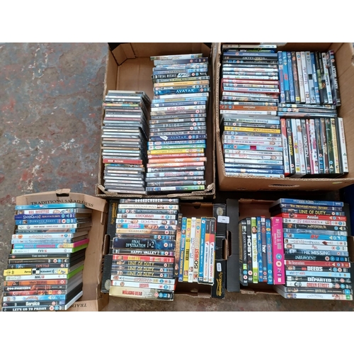 760 - Five boxes containing a collection of CDs and DVDs; sealed DVDs to include Take That, Mrs Doubtfire,... 