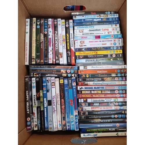 760 - Five boxes containing a collection of CDs and DVDs; sealed DVDs to include Take That, Mrs Doubtfire,... 