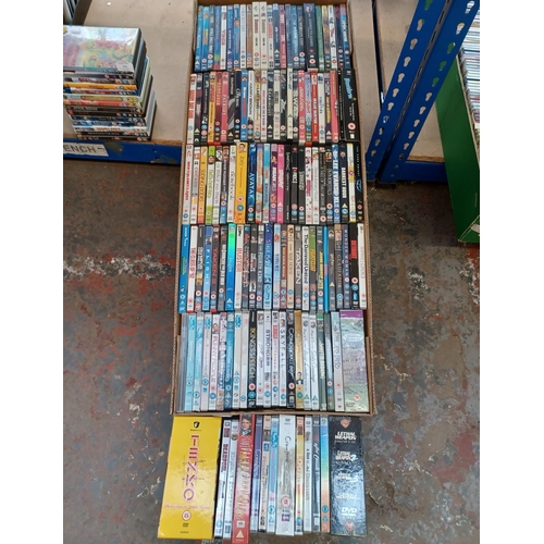 764 - One box containing a collection of DVDs; sealed titles to include Logan, Deadpool, Peter Kay's Phoen... 