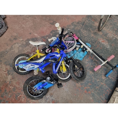 533 - Six children's items, two bikes, two skateboards and two scooters