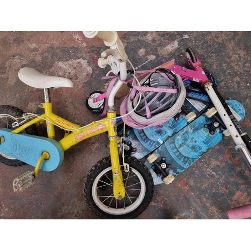 533 - Six children's items, two bikes, two skateboards and two scooters