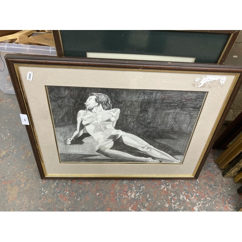 881 - Six framed pictures and prints to include portrait signed 'Gibbs', nude signed 'Michael '89', presse... 