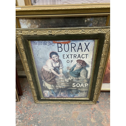 882 - Eight framed pictures to include pencil signed portrait print, Borax Extract of Soap advertisement a... 