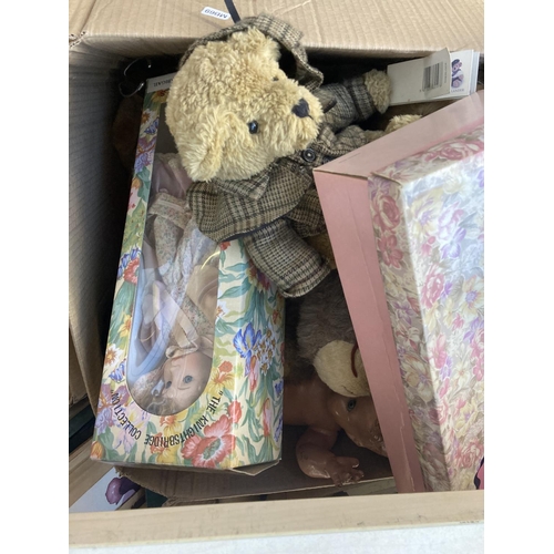 889 - Nine boxes containing pictures, table lamps, cutlery, sewing items, glassware, dolls, teddy bears an... 