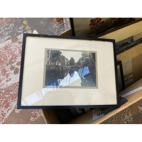 892 - A box containing a large quantity of framed pictures to include pen and ink sailing boats signed 'SB... 