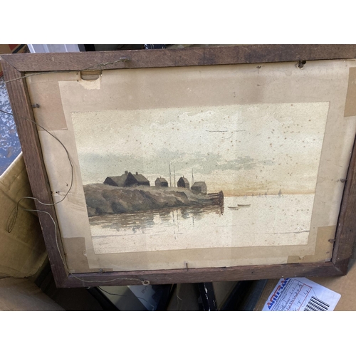 892 - A box containing a large quantity of framed pictures to include pen and ink sailing boats signed 'SB... 