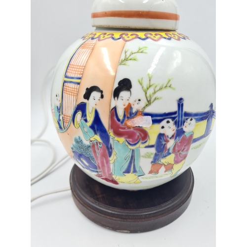 236 - A Chinese hand pained porcelain ginger jar converted table lamp - approx. 28cm high