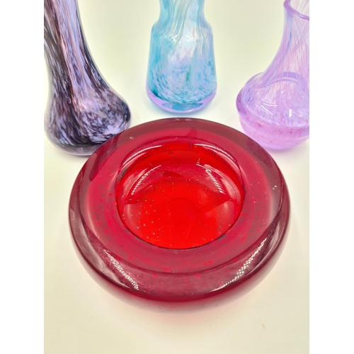 245 - Four piece of studio glass, three Caithness vases and one Whitefriars 12cm circular dish