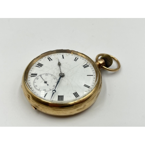 1147 - An Edwardian 'Vigil' hallmarked Chester 9ct gold cased open face hand wind pocket watch, dated 1908 ... 