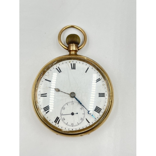 1147 - An Edwardian 'Vigil' hallmarked Chester 9ct gold cased open face hand wind pocket watch, dated 1908 ... 