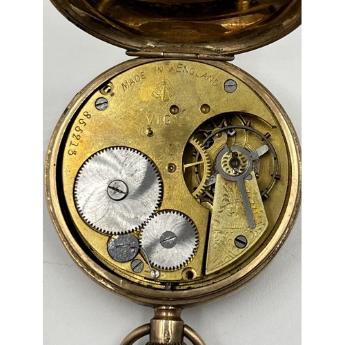 1147 - An Edwardian 'Vigil' hallmarked Chester 9ct gold cased open face hand wind pocket watch, dated 1908 ... 