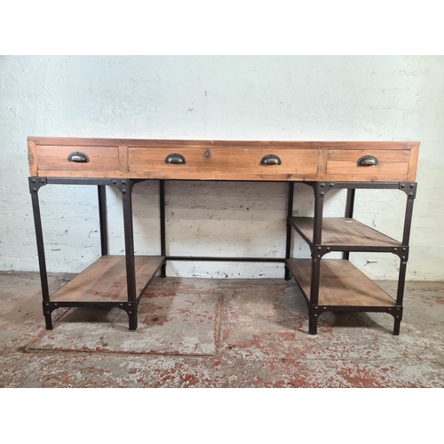 5 - A modern industrial style pine and metal pedestal desk with three drawers - approx. 80cm high x 150c... 