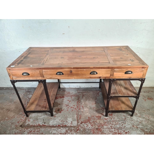 5 - A modern industrial style pine and metal pedestal desk with three drawers - approx. 80cm high x 150c... 