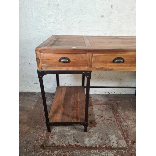 5 - A modern industrial style pine and metal pedestal desk with three drawers - approx. 80cm high x 150c... 