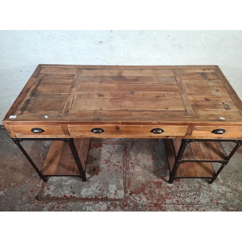 5 - A modern industrial style pine and metal pedestal desk with three drawers - approx. 80cm high x 150c... 