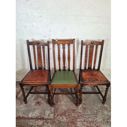 55 - Four oak dining chairs, one Arts & Crafts carver with green leatherette upholstery and three 1930s