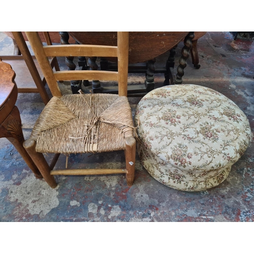 66 - Five pieces of furniture, one mid 20th century oak two tier side table, one burr walnut serpentine c... 