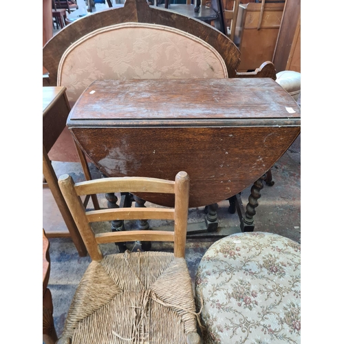 66 - Five pieces of furniture, one mid 20th century oak two tier side table, one burr walnut serpentine c... 