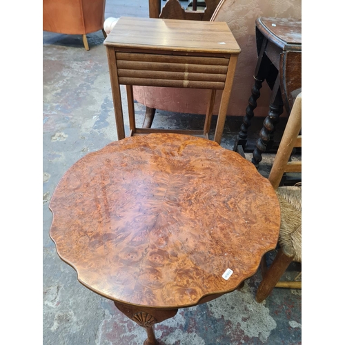 66 - Five pieces of furniture, one mid 20th century oak two tier side table, one burr walnut serpentine c... 