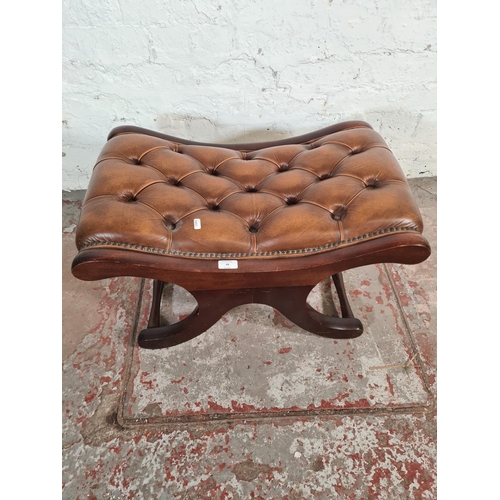 88 - A brown leather and mahogany Chesterfield footstool - approx. 38cm high x 69cm wide x 44cm deep