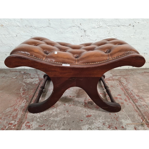 88 - A brown leather and mahogany Chesterfield footstool - approx. 38cm high x 69cm wide x 44cm deep